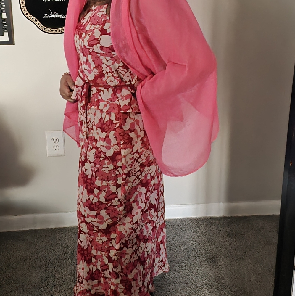 Floral Pink and Red Maxi Dress with Sheer Shawl